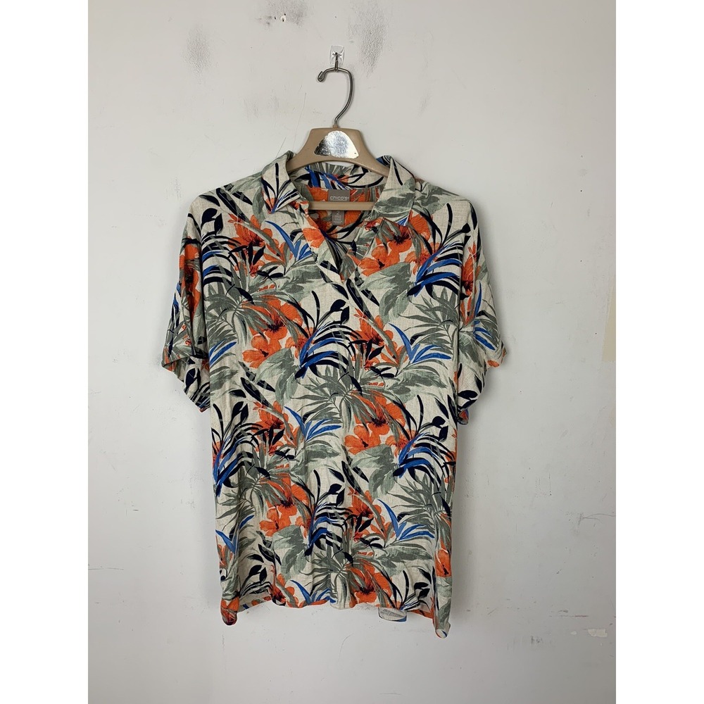 Chicos Womens Shirt 2 Large Tropical Linen Hawaiian Travel Vacation Resort Beach